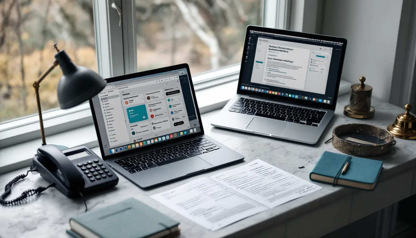 The Lingwhistle desk by the window: a teal-annotated glossary, a laptop showing a Japanese onboarding screen, a desk bell and a phone handset