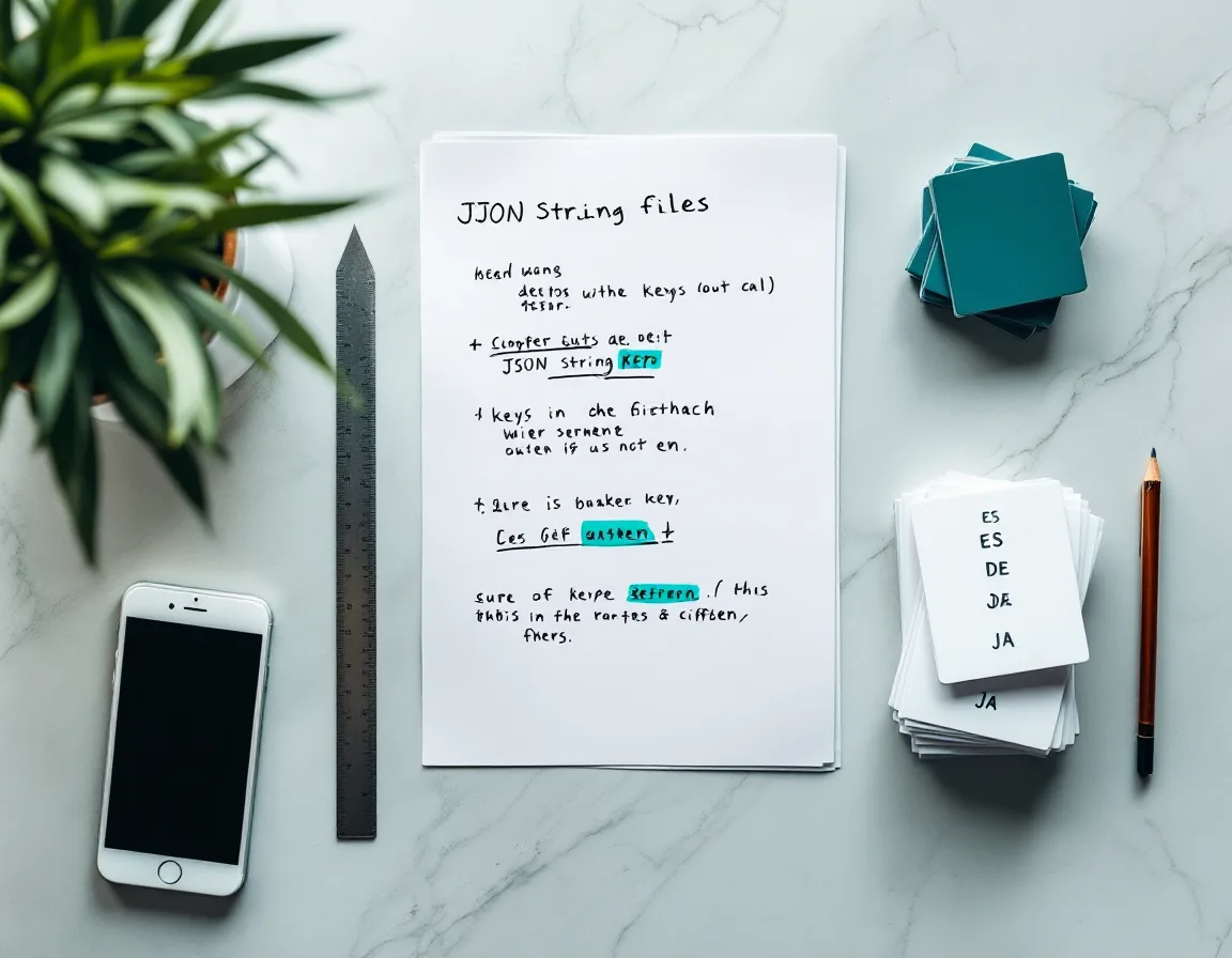 A printed string file marked up in teal, with handwritten character counts and a shortened German word, beside a ruler and a phone